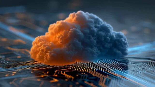 Futuristic glowing cloud icon on digital circuit board background, symbolizing modern cloud computing technology