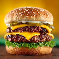 Savory double beef burger with cheddar slices high resolution picture