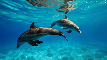 Obraz premium Dolphins swimming gracefully underwater tropical ocean marine life photography clear blue water underwater perspective nature's splendor