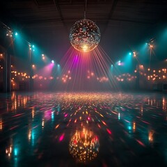 Shimmering disco ball glowing over music stage high resolution picture