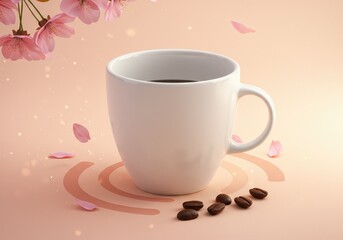Fototapeta premium A white mug filled with coffee alongside coffee beans and pink cherry blossoms on a peach background