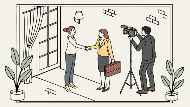 Isometric Illustration of Businesswomen Shaking Hands Filmed by a Cameraman.