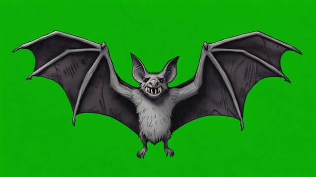 Illustration of a gray bat with wings spread wide against a bright green background color green screen video