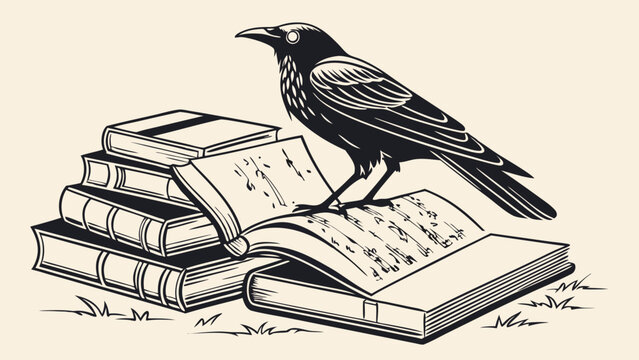 Raven perched on a stack of books black and white illustration vintage style reading literature knowledge wisdom gothic dark academia bird animal antique books open book education study learning libr.