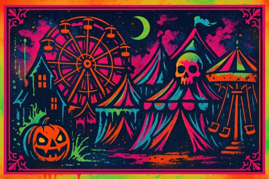 Neon haunted carnival with ferris wheel and tents. Great for poster art, seasonal décor, haunted house branding, and Halloween event marketing.  
