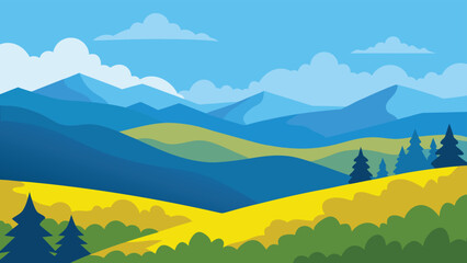 Cartoon Mountain Landscape with Blue Sky, Yellow Fields, and Evergreen Trees Illustration