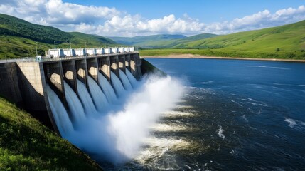 Dynamic water release action at hydroelectric dam in scenic landscape nature photography captured from a vibrant viewpoint