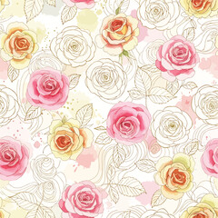 Elegant floral pattern featuring watercolor roses and decorative line art elements, patern seamless, Stock royalty.