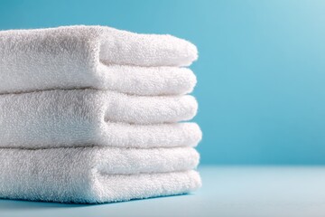 Stack of fresh white cotton bath towels neatly folded on light blue background, spa luxury and hotel comfort concept, clean and minimalist
