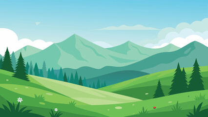 Cartoon Mountain Landscape with Green Hills, Evergreen Trees, White Flowers and Sky