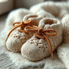 Soft white baby footwear knitted with yarn high resolution picture