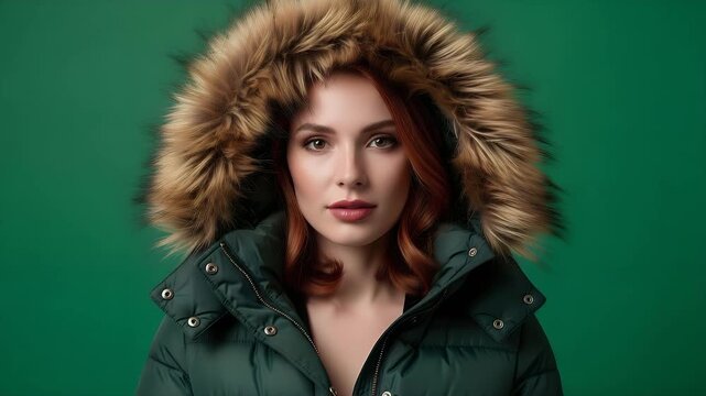 Winter Elegance: A captivating individual, clad in a stylish, green parka with a cozy, fur-lined hood, exudes poise and elegance.