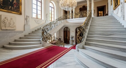 Grand Marble Staircase with Ornate Railings, Red Carpet and Chandelier