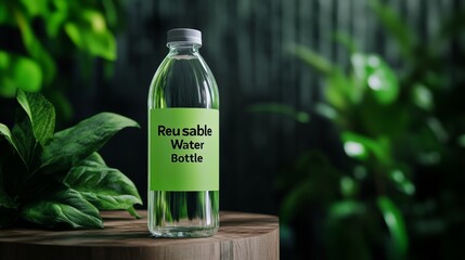 Eco-friendly action reusable water bottle promotion amidst lush greenery informative content nature environment close-up viewpoint sustainability concept