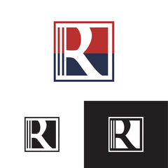 A bold letter R logo design in red and navy colors, framed in a square border. The geometric style highlights strength, professionalism, and modern branding identity.