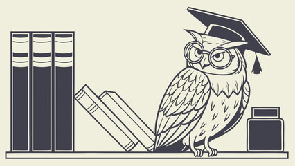 Fototapeta premium Wise owl with graduation cap books and inkwell Perfect for education knowledge wisdom and learning concepts.