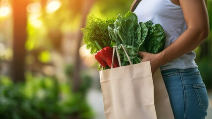 Grocery shopping for fresh vegetables urban park lifestyle photography green environment close-up view healthy living concept
