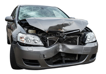 Front side of crashed car from accident, isolated on white or transparent background. PNG
