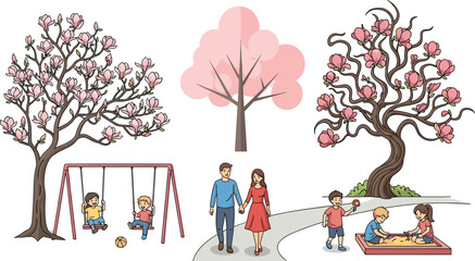 Children playing in park, kids on swings, family walking together, sandbox fun activity, spring blossom trees, outdoor leisure lifestyle illustration