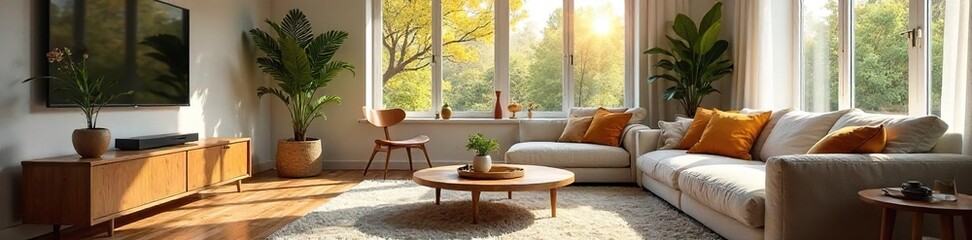 Cozy and inviting living room interior with comfortable furniture, natural light streaming through large windows, and stylish decor Perfect for relaxation and family time , coffee table, window