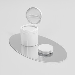 White Plastic Flip Top Cap Cosmetic Jars With Tweezers mockup, facial toner cotton pads packaging, Wide Mouth Cream jar with Flip Cap, soaking toner pad container, korean beauty skincare product