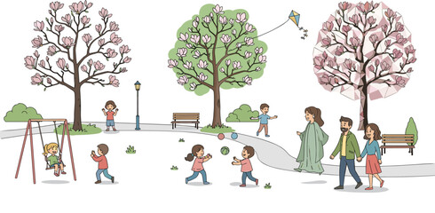 Children playing in park, happy family walking, spring season illustration, kids outdoor activity, blooming trees background, lifestyle nature concept design