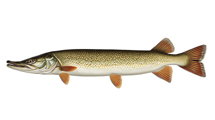 The image depicts a northern pike fish with a pointed snout, dark greenish back, yellowish spots, reddish-orange fins, and a broad, slightly forked tail, showcasing its unique features.