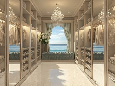 A large walk in closet with a chandel and a chandel