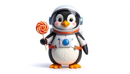 Obraz premium Penguin Astronaut Holding Lollipop Cartoon Character Isolated