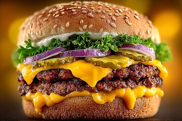 Tasty beef burger with cheddar and lettuce high resolution picture