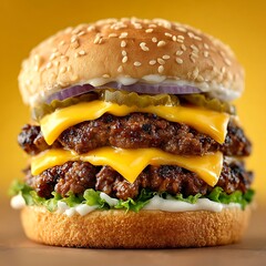 Tasty cheeseburger dripping with melted cheddar high resolution picture