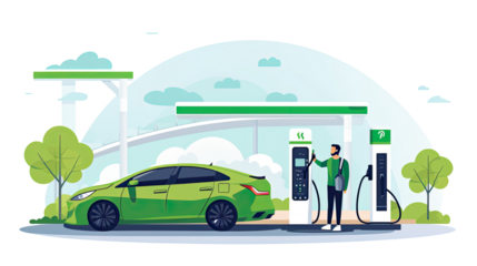 man filling his car fuel at a gas station in flat vector design on white background