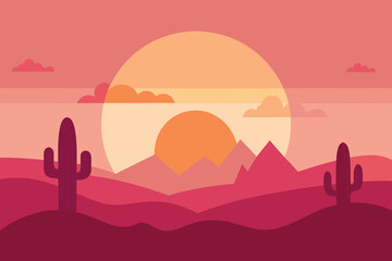 Flat Desert Sunset Illustration with Cacti, Mountains, and Pastel Pink Sky