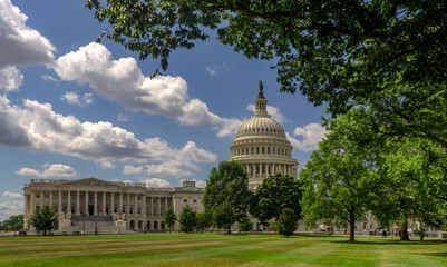 Fototapeta premium Washington Congress building. American flag over Congress. United States government Congress landmark. Senate and Congress in Washington DC.