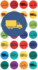 Colorful flat design of delivery trucks offering transportation solutions and logistics services, perfect for illustrating modern shipping themes and supply chain concepts