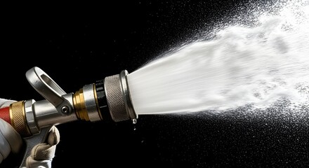 Fire hose nozzle spraying water on black background