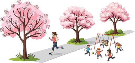 Children playing outdoors, kids running, children on swings, woman jogging, spring cherry blossom trees, park activity, outdoor fun, family recreation illustration