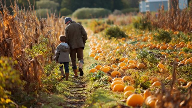 Father and child walking through pumpkin field in autumn  