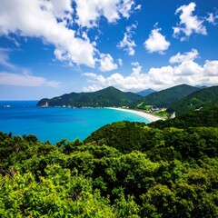 Scenic coastal view with turquoise water and lush green hills