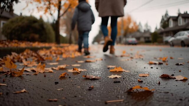 Parent and child walking on autumn street covered with fallen leaves  