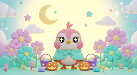 Obraz premium Cute pastel bird with green cape, pumpkins, candy baskets, pastel flowers, glowing stars, clouds and crescent moon in magical Halloween night garden, ideal for wallpaper, frame TV art