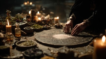 Woman preparing ritual ingredients and arranging candles on table  