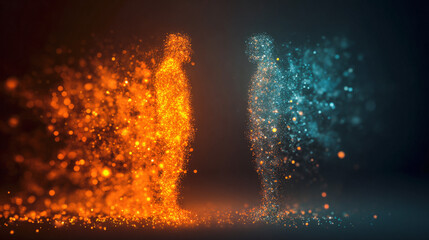 Obraz premium Abstract magnetic forces between two silhouettes, with glowing particles showing attraction. 