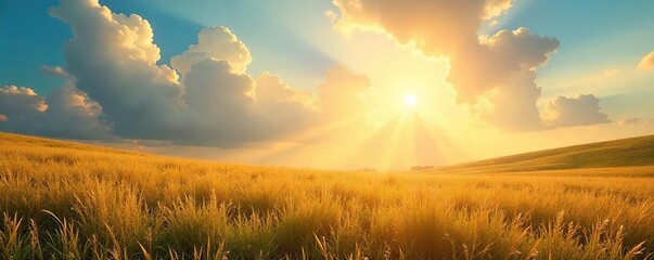 Golden sunlight streams through fluffy clouds onto a tranquil landscape, a vibrant depiction of a dreamy sunny day  Perfect for travel, nature, or inspirational projects ,  picturesque,  bright