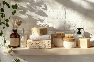 A shelf with soap, soap, and other items