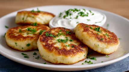 Crispy potato pancakes served with sour cream and lemon slices on white plate. Leftover Mashed Potato Pancakes, concept of rustic cuisine