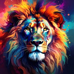 Fototapeta premium Vibrant lion portrait, colorful