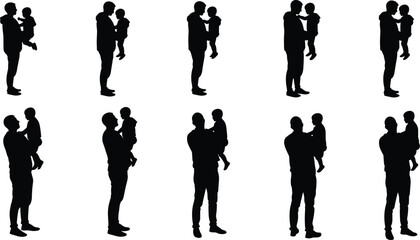 Father holding child silhouette, dad carrying son, parent kid bond, family love illustration, black people silhouette, happy fatherhood moments