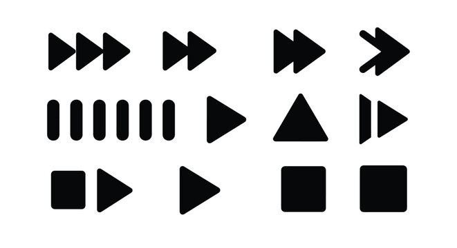 A collection of various black media player control icons including play, fast forward, skip, stop, and pause symbols on a white background.