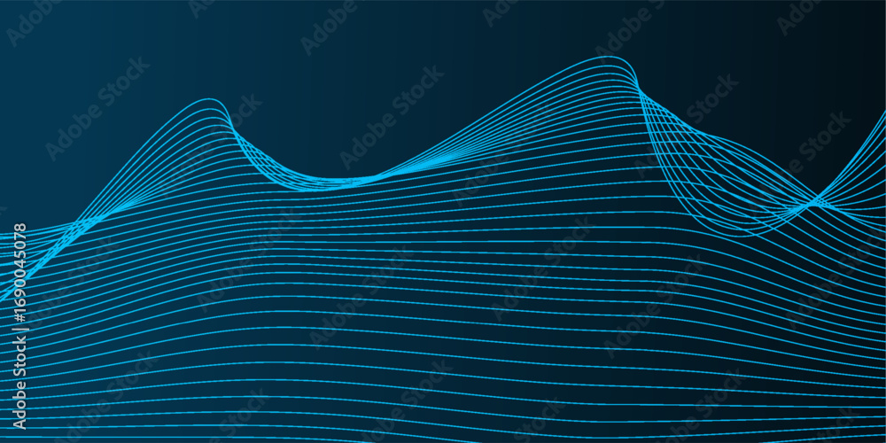 Poster abstract blue vector background with glowing curved wave lines on dark gradient, perfect for modern 